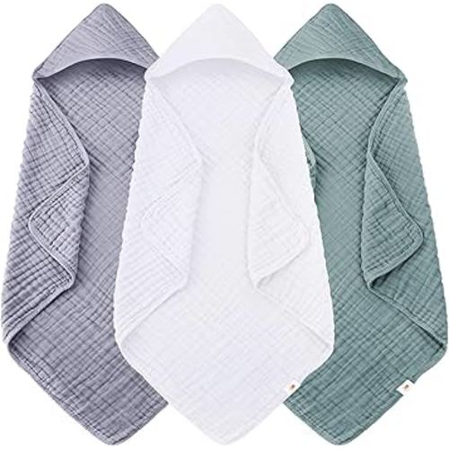 Sunny zzzZZ Muslin Hooded Baby Bath Towels - 3 Pack 100% Cotton Soft Low-Saturation Pastel Towels Including Classic White for Newborns, Infants, Toddlers - 32x32 Inch - Green, Grey and White