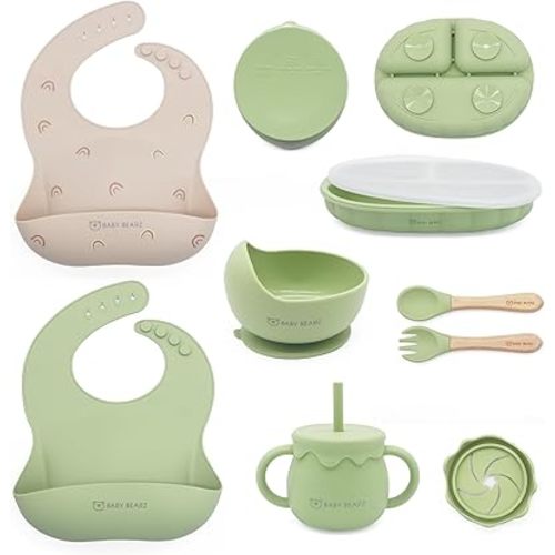 Silicone Baby Feeding Set 6+Months Baby Led Weaning Utensils with Adjustable Baby Bibs, Suction Bowl, Suction Plate, Baby Spoon and Fork, Snack Cup with Straw and Lid (Olive Green)
