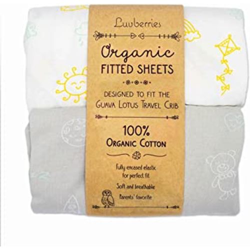 Guava Lotus Travel Crib Sheets (Set of 2) - 100% Organic Cotton Crib Sheets, Baby and Toddler, Fitted Crib Sheets, for Boys & Girls (for The New 4 TAB Mattress ONLY) (Day and Night)