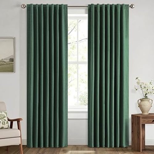 MIULEE 100% Blackout Linen Curtains for Bedroom, Christmas Emerald Green Solid Luxury Decor Thermal Insulation Room Darkening Drapes for Living Room Nursery Back Tab Rod Pocket 42 x 84 Inches 2 Panels