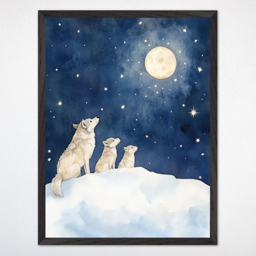 Arctic Wolf Family Moon Print: Whimsical Nursery Canvas Art