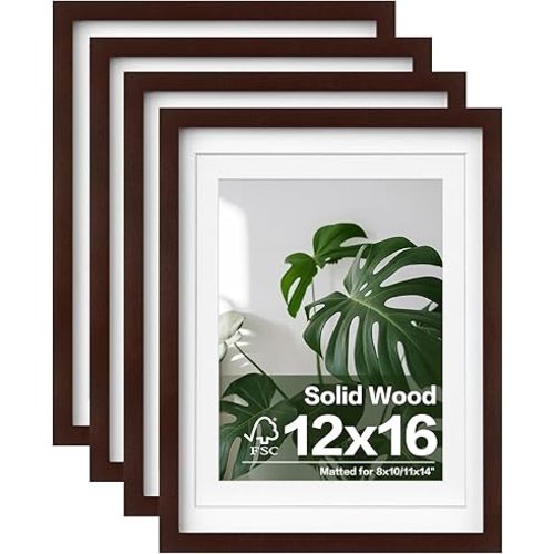 Egofine 12x16 Picture Frames with Plexiglass, Display Pictures 9x12/11x14 with Mat or 12x16 Without Mat Set of 4 for Wall Mounting,Walnut Color
