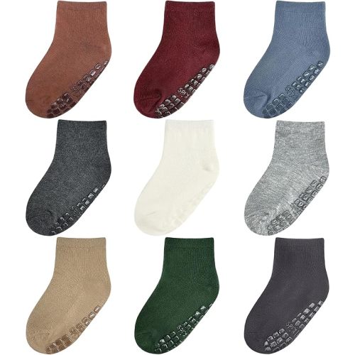 Baby Mid-Crew Socks with Grips (9 Pairs) for 0-7 Years Old Toddler Boy Girl Kids: 6-12months