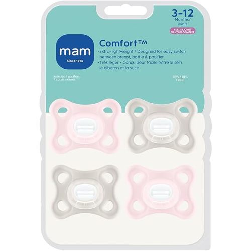 MAM Comfort Baby Pacifiers 3-12 Months Babies, Lightweight One-Piece Full Silicone Binky, BPA-Free Nipple, Easy to Clean Pacifier, Best for Breastfed Babies, 4 Count, Made in Europe