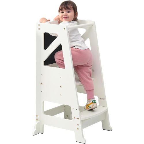 Toddler Kitchen Step Stool Toddler Standing Tower Toddler Step Stool Toddler Tower with Message Boards Safty Rail-Adjustable Kids Kitchen Step Stool for Kitchen Counter Bathroom Sink (Beige)