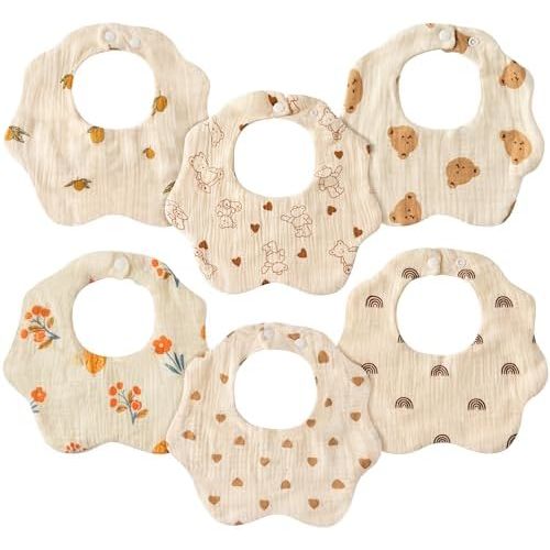 BUoonyer 6Pcs Muslin Baby Drooling Bibs, Cotton Bandana Drool Bibs, Adjustable Snap Closure Teething Bibs, Scarf Burp Cloths