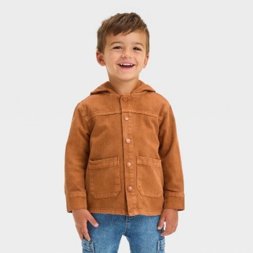 Toddler Boys' Hooded Twill Button Front Shacket - Cat & Jack™ Brown 18M