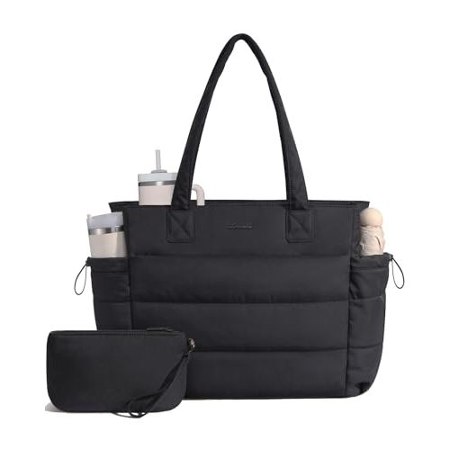 LOVEVOOK Tote Bag for Women with Giant Tumbler Holder Pocket, Puffer Work Travel Laptop Handbag with Zipper for Nurse Teacher