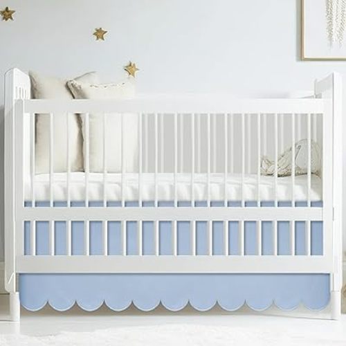 Scalloped Crib Skirt 28"x 52" with Drop Pleated Dust Ruffle with Split Corners for Baby Boys Girls Soft 4-Sided Crib Bed Skirt Nursery Standard Toddler Bedding(14" Drop,Blue)