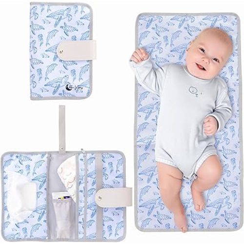 Portable Changing Pad - Waterproof Travel Changing Pad for Baby - includes Pockets for Wipes, Diapers and Cream - Baby Shower Gifts- Newborn Girl & Boy- Baby Essentials