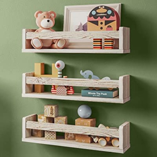 NATURE SUPPLIES Set of 3 White Nursery Room Shelves, Solid Wood Ideal for Books, Toys, Decor, Wall Bookshelf for Kids Bedroom, Kids Bookshelf, Nursery Book Shelves, Floating Bookshelf Whitewashed Grey