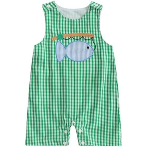 Baby Boy Summer Clothes Sleeveless Embroidery Dinosaur Striped Retro Romper Jumpsuit Smocked Shortall