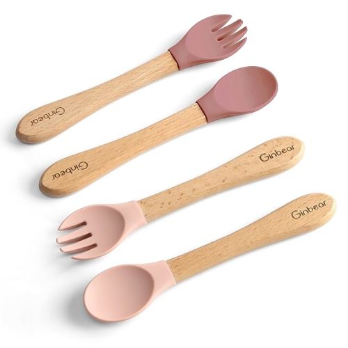 Ginbear Silicone Baby Spoon and Fork Self-feeding, Baby Flatware Sets for Girl, Toddler Feeding Utensils for Child 6 Months+ (Mauve/Pink) - Pink+Mauve