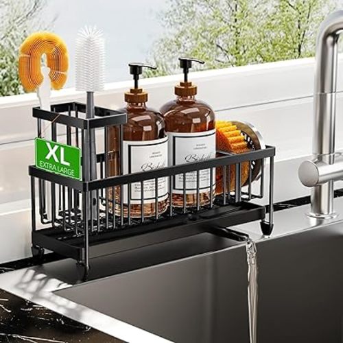 Cisily Extra Large Black Sponge Holder for Kitchen Sink, Sink Caddy Organizer with High Brush Holder, Kitchen Countertop Organizers and Storage Essentials, Rustproof 304 Stainless Steel