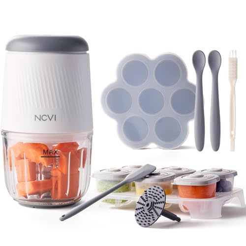 NCVI Puree Baby Food Processor Glass Set, Mini Infant Food Maker Blender Machine with 8 Blades and Grinding Disc, Small Blender for Baby Food Including Food Containers, Silicone Tray and Tableware