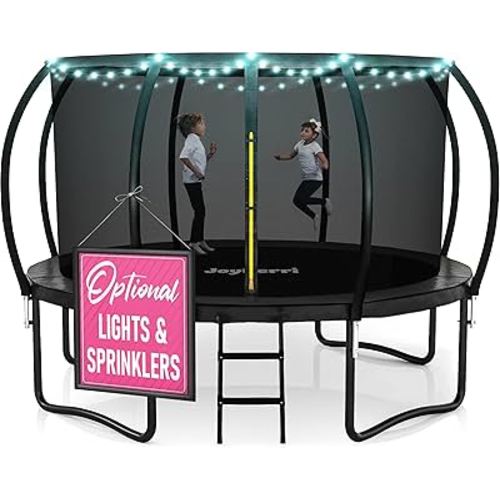 Trampoline Outdoor - ASTM Certified Safe, 8Ft, 10Ft, 12Ft, 14Ft, 15Ft, 16Ft Recreational Trampoline for Kids and Adults. Anti-Rust Coating with Enclosure Net, Ladder, Sprinkler & LED Lights