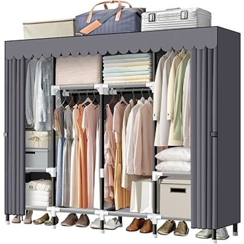 LOKEME Portable Closet, 67 Inch Wardrobe Closet for Hanging Clothes with 4 Hanging Rods, 25mm Steel Tube Clothes Storage Organizer for Extra Sturdy, Quick and Easy to Assembly, Gray Cover