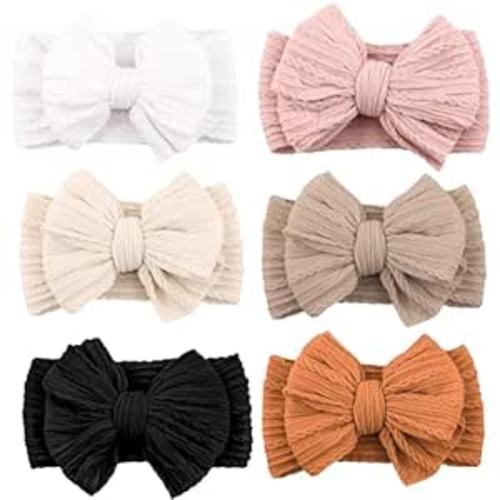 Niceye Handmade Baby Headbands Soft Stretchy Nylon Hair Bands with Bows for Newborn Infant Baby Toddler Girls- Pack of 6 - Pink