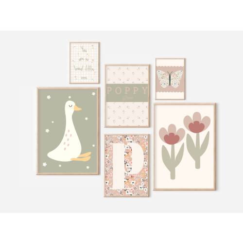 Set of girls dusty pink and sage green gallery wall prints for a girls room, playroom or nursery (unframed).