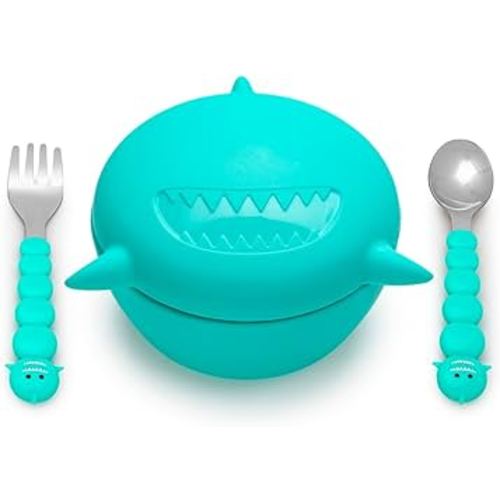 Melii Silicone Bowl with Lid & Utensils – Spoon and Fork for Baby, Toddlers and Kids, BPA Free, Dishwasher & Microwave Safe (Shark)