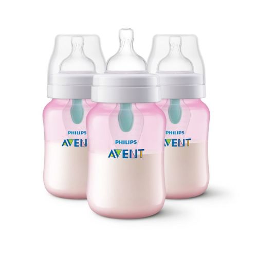 Philips Avent Anti-Colic Baby Bottles with AirFree Vent - Pink - 9oz/3pk: Silicone Medium Flow Nipples, BPA-Free