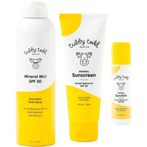 Tubby Todd Face and Body Mineral Protection Sunscreen Kit for Baby, Toddler and Kids - The Sun Bundle - Sunscreen Lotion 4 Fl Oz, Sunscreen Spray 6 Fl Oz and Sunstick 0.5 Oz - Fragrance-Free