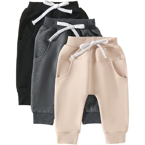 Yoawdats Baby Boys' 3-Pack Pull-on Jogger Pants Knit Pants Classic Fit Elastic Waist Kids Toddler Pants Multipacks Long Pants