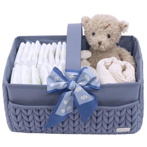 LUKJOJO Luxurious Baby Diaper Caddy, Nursery Storage Basket for Newborn Essentials, Travel Baby Basket for Diapers Baby Wipes, Organizer Tote Bag Storage Bin, Baby Shower Gifts(ash blue)