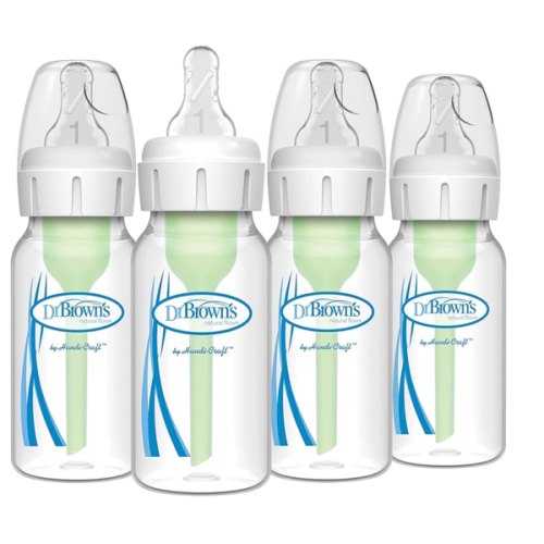 Dr. Brown's Natural Flow Anti-Colic Options+ Narrow Baby Bottle, 4 oz/120 mL, with Level 1 Slow Flow Nipple, 0m+, 4 Bottles