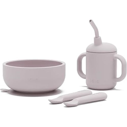 Lalo First Bites Silicone Baby Feeding Set - Baby Led Weaning Supplies - Non-Toxic Silicone - Includes 2 Spoons, Training Cup, & Suction Bowl - 4 Pieces - Lavender