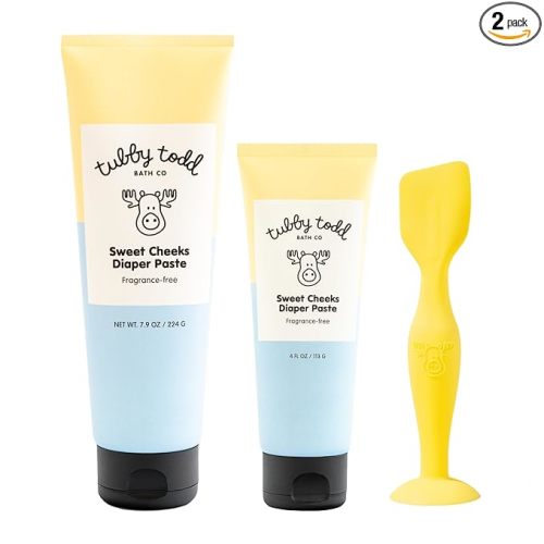 TUBBY TODD Sweet Cheeks Diaper Paste & Spatula - Diaper Rash Cream with 14% Zinc Oxide - Hypoallergenic - For Soothing and Protecting Sensitive Skin - 2 Pack, 4oz & 7.9oz