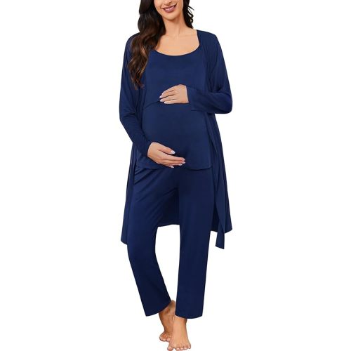 SWOMOG Maternity Nursing Robe Set 3 PCS Postpartum Pajamas Breastfeeding Pregnancy Robe & Camisole & Pants