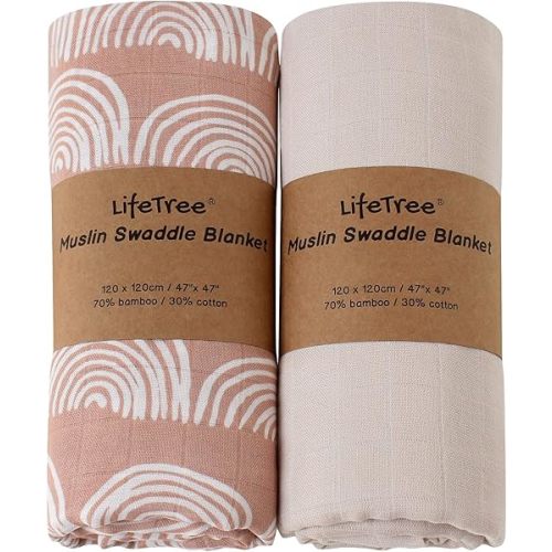 LifeTree Muslin Baby Swaddle Blankets, Baby Swaddling Neutral Receiving Blanket for Boys & Girls, 70% Viscose from Bamboo & 30% Cotton, Large 47 x 47 inches Rainbow & Ivory White