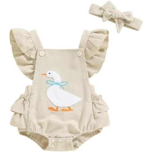 Newborn Western Clothes Goose/Duck Print Romper Ruffle Sleeveless Bodysuit with Headband Baby Farm Outfit