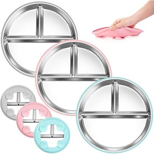 Stainless Steel Toddler Plates Silicone Suction,3 Packs Non-Slip Baby Plates,Divided Portion,Food-Grade Silicone Plate for Kids,LEAD-FREE Dishwasher Safe,Grey Green Pink