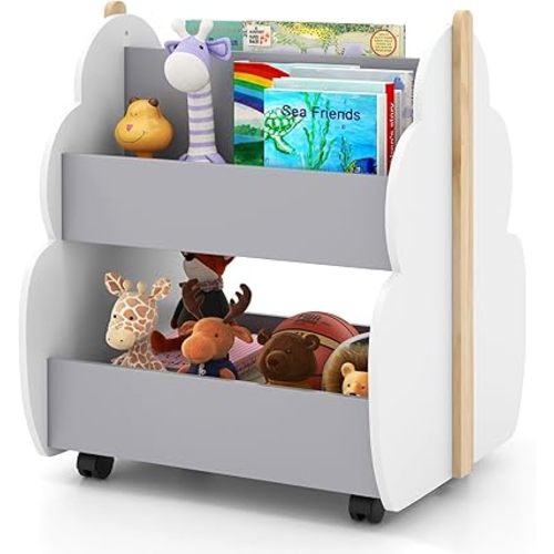 Costzon Kids Bookshelf with Universal Wheels, 2-Tier Toddler Bookshelf, Wooden Book Rack, Childrens Bookcase Montessori Shelf, Infant Book Shelf, Toy Organization for Kids Room, Playroom, Nursery