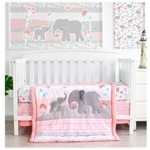 Heseam Elephant 3-Piece Crib Bedding Set, Pink and Gray
