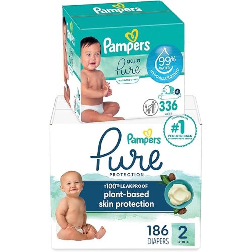 Pampers Pure Protection Disposable Baby Diapers Size 2, 186 Count with Aqua Pure Baby Wipes, 6X Pop-Top Packs (336 Count)