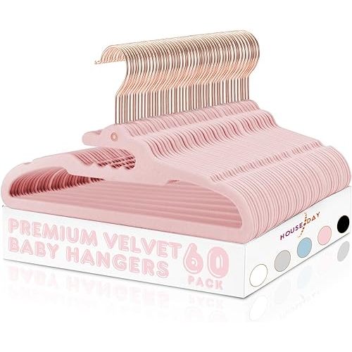 HOUSE DAY Premium Velvet Baby Hangers 60 Pack, 11.4'' Kids Velvet Hangers, Sturdy Baby Hangers for Closet, Pink Baby Clothes Hangers, Toddler Hangers Infant Children Non Slip Hanger for Nursery Use