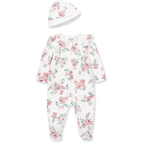 Little Me Baby Girls' 100% Cotton Scratch Free Tag 2-Piece Sleeper Footie and Cap Set