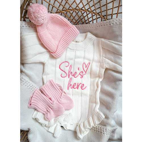 She's Here  Romper with matching beanie and booties   -Announcement Pictures - Newborn Gifts - Baby Gifts -