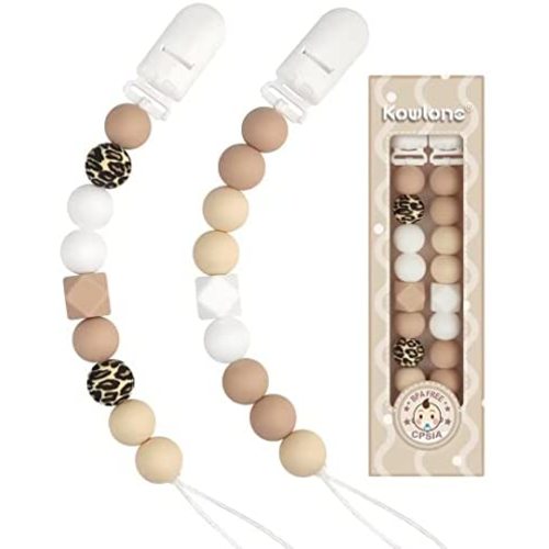 Pacifier Clip for Baby Girls Boys Paci Holder Silicone Teething Beads Teether Toys Soothie Binky Clips 2 Pack (Beige, Brown, Leopard Print)