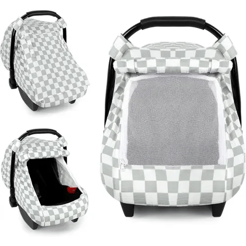 DILIMI Car Seat Covers for Babies, Muslin Cotton Baby Car Seat Cover with Breathable Mesh Window, Summer Infant Car Seat Canopy for Boys Girls Newborn, Green Checkered