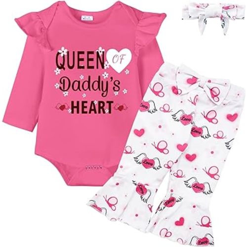Newborn Baby Girl Mommy’s Little Valentine Outfits,Infant 1st Valentine's Day Bodysuit + Pants + Headband Clothes Set