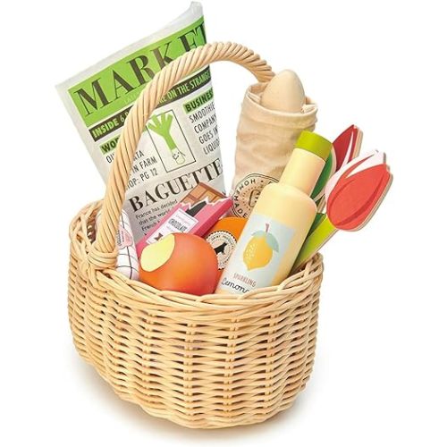 Tender Leaf Toys - Wicker Shopping Basket - Handcrafted Rattan Basket with Handle - Wooden Picnic Basket Playset, Supermarket Shopping Game, 15 Pcs Pretend Play Food Set - Age 3+