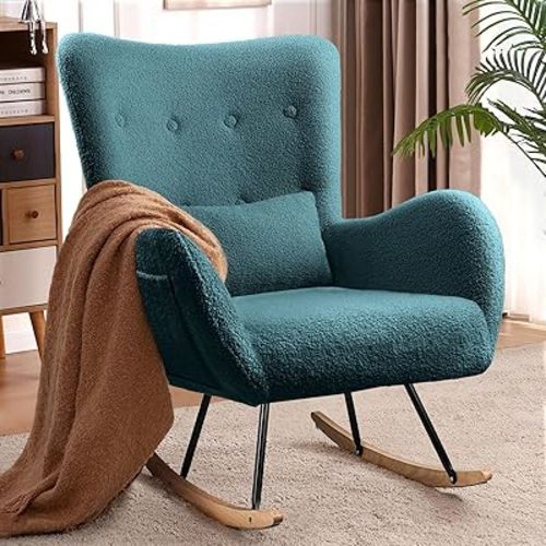 Waleaf Teddy Upholstered Rocking Chair Indoor with High Backrest Glider, Padded Seat Nursing Chair Comfy for Bedroom (Dark Green)