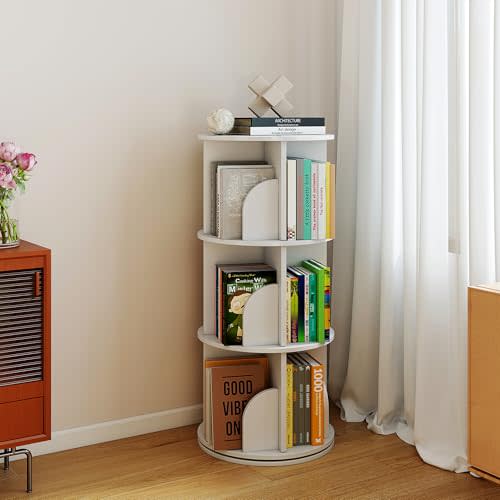Rotating 3-Tier Bookshelf, 360° Spinning Corner Bookcase with Lazy Susan, White Space Saving Organizer for Study Room, Home Office, Kids Rooms, Bedroom, Adults & Kids, 15.75" D
