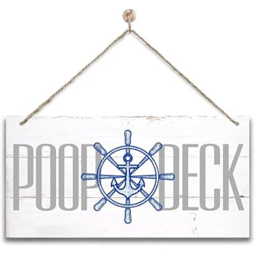 Hanging Poop Deck Decor Sign, Nautical Nursery Wall Decor, Printed Wood Wall Art Sign, Hanging Wood Sign Home Decor, Wood Sign for Ocean Bathroom and Nursery, Rustic Beach Bathroom Sign