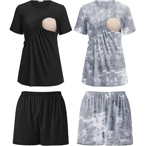 Ekouaer 2 Pack Women's Nursing Pajamas Set Double Layer Maternity Pjs Postpartum Loungewear Set Breastfeeding Tops & Shorts