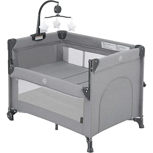 2-in-1 Baby Playard, Pack and Play Bassinet, Easy Folding Portable Crib with Music Mobile for Newborn to Toddlers (Grey)